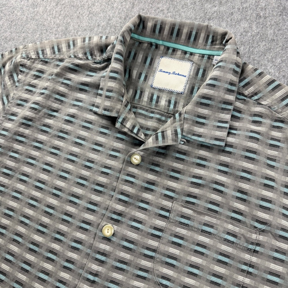 Tommy Bahama Mens Camp Shirt Large Gray Geometric Print Heritage Silk Cotton - Picture 1 of 11